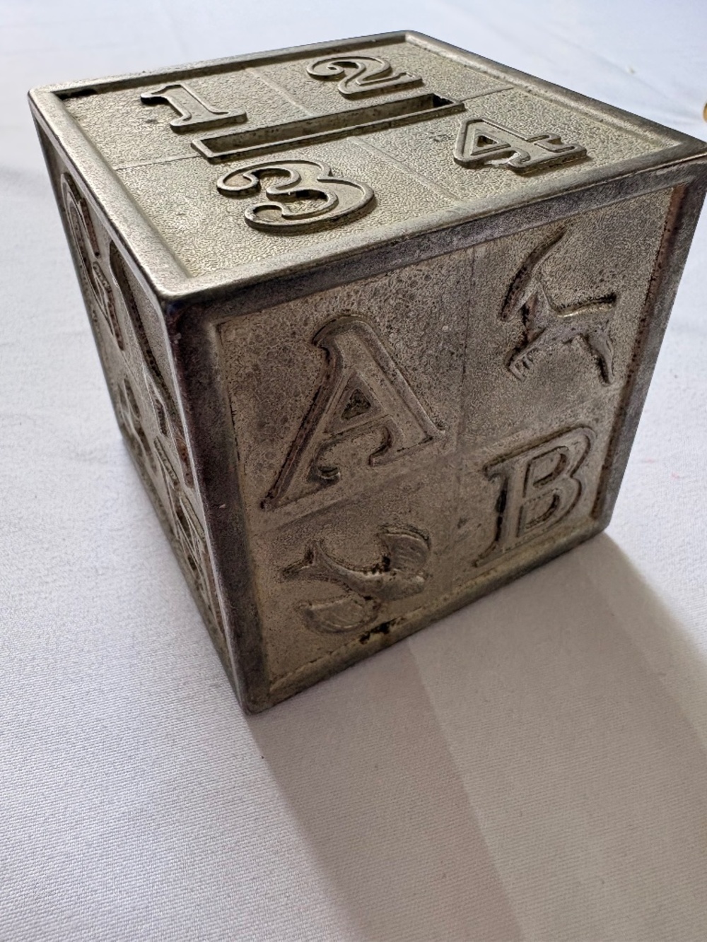Vintage Leonard Silverplate ABC Block Coin Bank Nursery Decor Keepsake 3" Cube